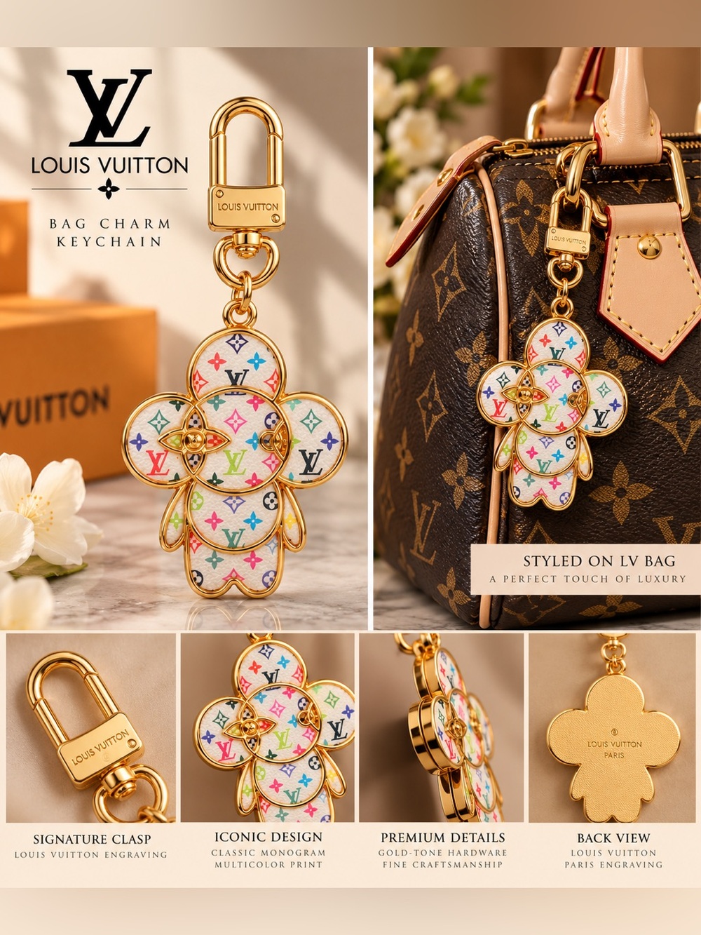 White Multicolor Monogram Keychain Charm